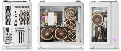 Side views of the Ultimate Gamer D5, shown with optional PCIe riser for vertical GPU mounting